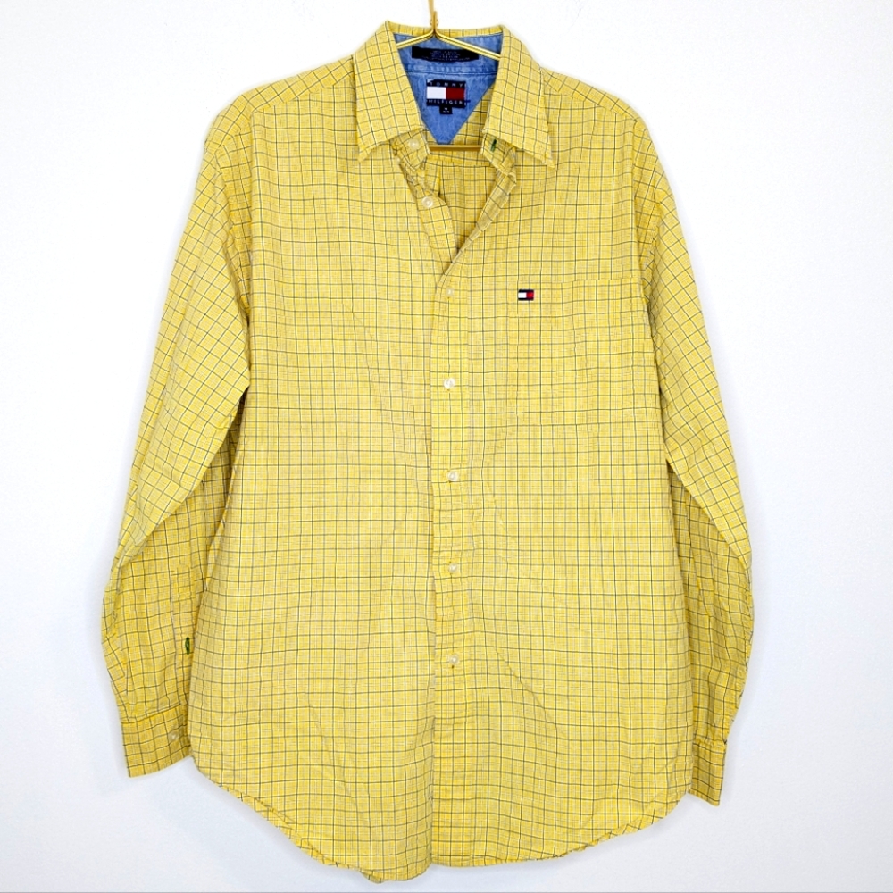 Vintage Tommy Hilfiger Medium Yellow & Blue Checkered Long Sleeve Button Down